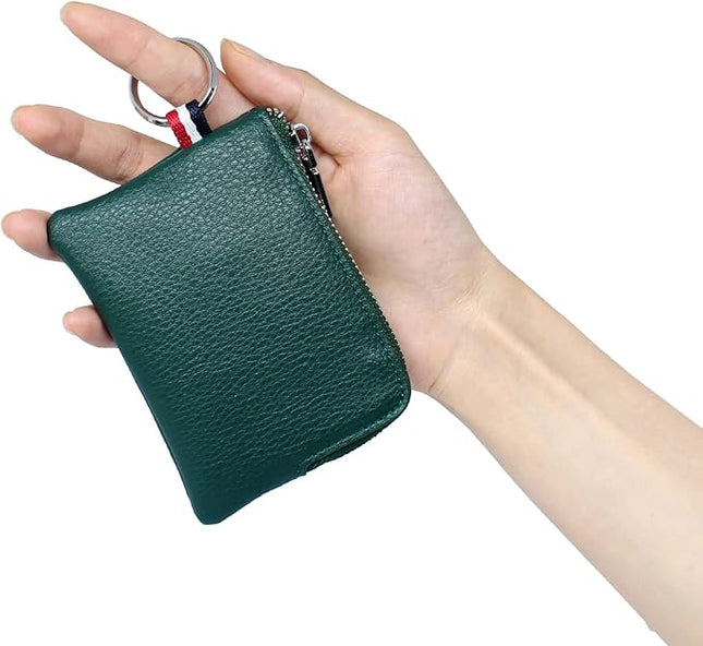 Plinvo Mini Genuine Leather Wallet Coin Purse with Dual Keyrings Compact Change Pouch and Card Holder for Men and Women (Dark green)
