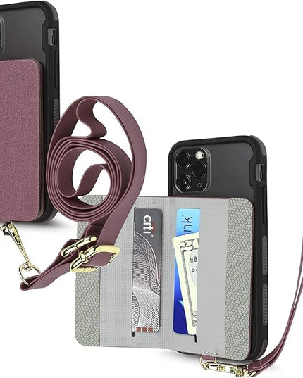Cell Phone and Credit Card Holder with Crossbody and Wrist Straps, Stick-On Wallet w/RFID Protection Multiple Card Slots Transparent ID Pocket