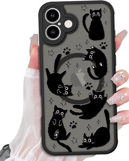 Cute Magnetic Case for iPhone 16 Case [ Compatible with MagSafe ] with Black Cat Cats Pattern Design for Women Girls Boys, Soft Bumper Hard Back Kawaii Animal Protective Phone Cover