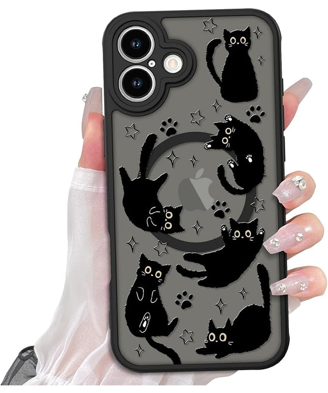 Cute Magnetic Case for iPhone 16 Case [ Compatible with MagSafe ] with Black Cat Cats Pattern Design for Women Girls Boys, Soft Bumper Hard Back Kawaii Animal Protective Phone Cover