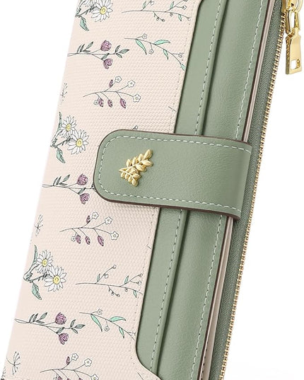 GAEKEAO Womens Wallet Slim Thin RFID Blocking Floral Vegan Leather Card Holder Bifold Long Ladies Wallet with Zipper Pocket