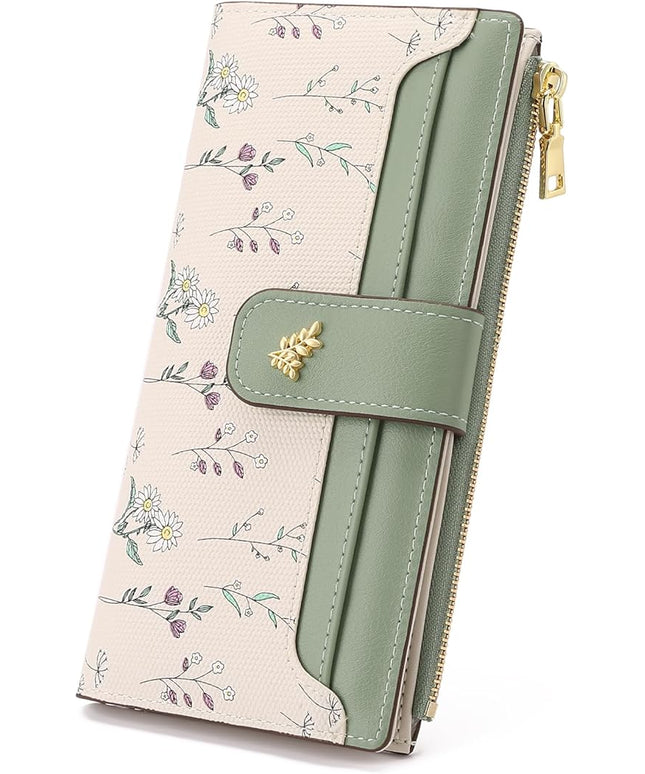 GAEKEAO Womens Wallet Slim Thin RFID Blocking Floral Vegan Leather Card Holder Bifold Long Ladies Wallet with Zipper Pocket