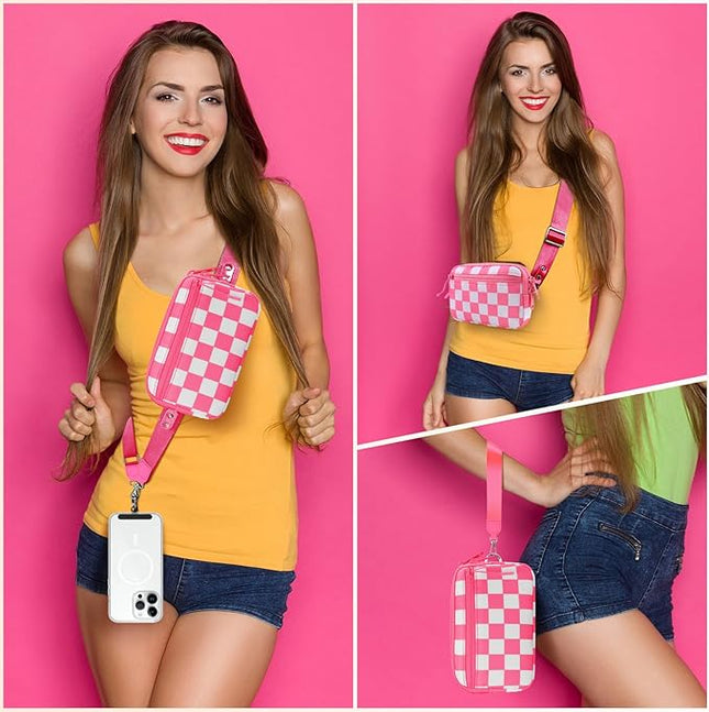 Clip and Go Strap for Phone with Wallet Crossbody, Adjustable Phone Lanyard with Detachable RFID Wristlet Wallet, Phone Strap with Phone Tabs for All Phones, Pink Checkered (L)