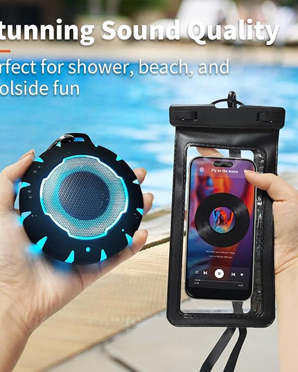 HEYSONG Bluetooth Shower Speaker + Waterproof Phone Pouch – Rugged & Ready for Any Wet Adventure