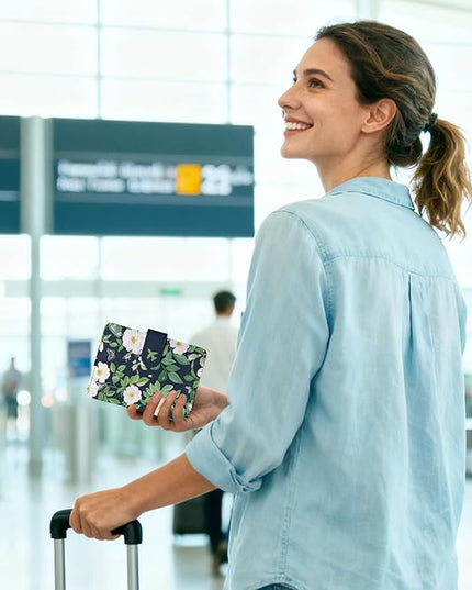 Passport Holder, Travel Wallet Cover with Pen Loop | Cute RFID Blocking Leather Case with Magnetic Closure for Travel Essentials-flower
