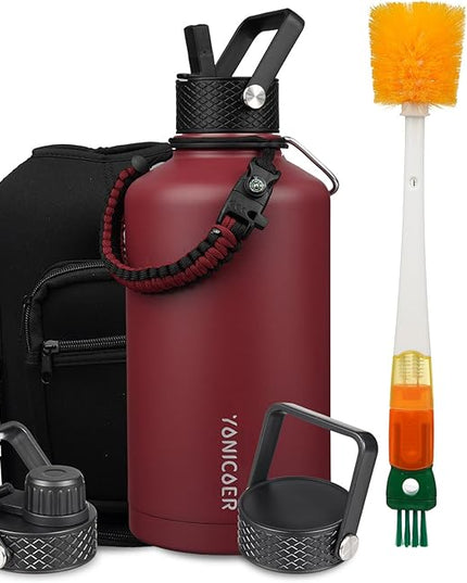 Insulated Water Bottle 87oz,Triple Wall Vacuum Stainless Steel(Dishwasher Safe),Leak Proof & Non-BPA,Flask Jug with Paracord Handle & Straw Spout Lids Sports Red