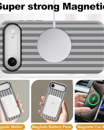 Magnetic for iPhone 17 Air Case Cute Stripes Phone Case, Shockproof Slim TPU and Hard PC Protective Phone Cover Compatible with MagSafe Designed for Women Girls, Gray
