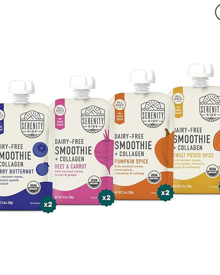 Serenity Kids 6+ Months Dairy-Free Smoothie Baby Food Pouches - Grass-Fed Collagen Protein - USDA Organic Baby Snacks & No Added Sweeteners - 3.5 Oz, 8 Pack