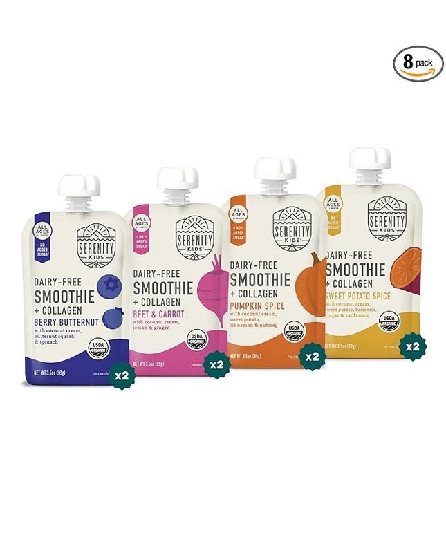 Serenity Kids 6+ Months Dairy-Free Smoothie Baby Food Pouches - Grass-Fed Collagen Protein - USDA Organic Baby Snacks & No Added Sweeteners - 3.5 Oz, 8 Pack