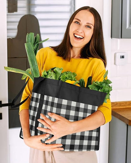 WISELIFE Reusable Grocery Shopping Bags 10 Pack Large Foldable Tote Bags Bulk, Eco Produce Bags with Long Handle for Shopping Groceries Clothes (Plaid D)