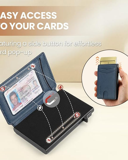 RUNBOX Slim Card Wallet for Men with ID Window – Minimalist RFID Wallet, Pop-Up Function, Ultra Thin Design, Metal Business Card Case Holds 8+ Cards, Gifts for Men, Men's Accessories