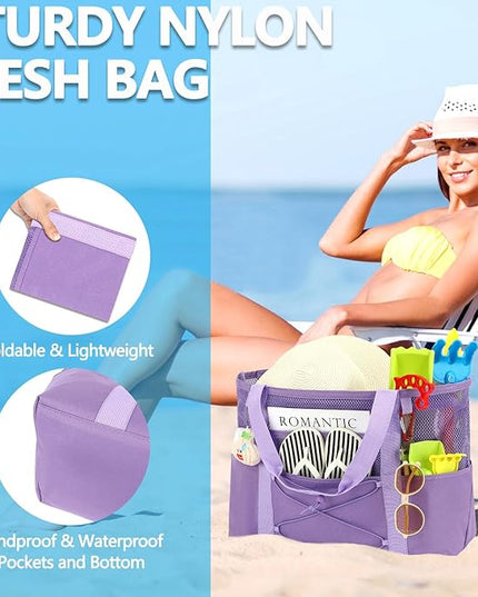 Mesh Beach Bag, Large Beach Tote with Zipper Pocket, Toys Pool Bag for Family Travel Vacation Cruise Essentials