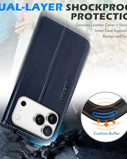 SHIELDON Wallet Case for iPhone 17 Pro 6.3" 2025 | Genuine Leather | RFID Blocking | Credit Card Holder | Folio | Magnetic Closure | Kickstand | TPU Protective Phone Cover | Retro Dark Blue