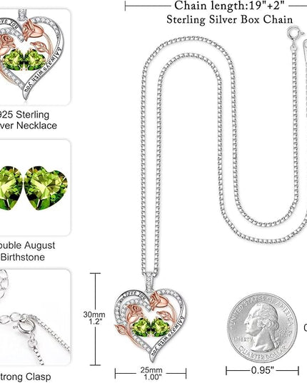 Iefil Christmas Gifts for Women Wife - 925 Sterling Silver Rose Heart Birthstone Necklace Birthday Anniversary Jewelry Gifts for Her Wife Mom Daughter