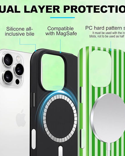 Magnetic for iPhone 13 Pro Max Case Cute Stripes Phone Case, Shockproof Slim TPU and Hard PC Protective Phone Cover Compatible with MagSafe Designed for Women Girls, Deep Green
