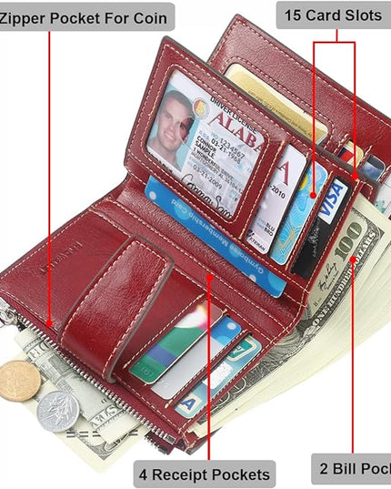 Lavemi Small Compact Women Wallet RFID Blocking Genuine Leather Bifold Purse with ID Windows