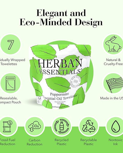 Herban Essentials - Peppermint Wipes & Towelettes - Essential Oil Wipes for Hands & Body - Travel Size Essentials and Toiletries - Natural, Individually Wrapped, Disposable & Moist Refresh (7 count)