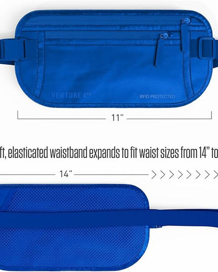 VENTURE 4TH Money Belt for Travel – Hidden Under-Clothes RFID Blocking Passport Holder & Slim Travel Wallet Pouch for Men & Women to Protect Cash, Cards & Documents (Sleek Blue)