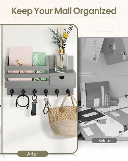 FifthQuarter Key and Mail Holder for Wall, Mail Organizer Wall Mount with 6 Hooks and Storage Drawer, Easy Installation Key Rack for Entryway and Home Decor (A-Grey)
