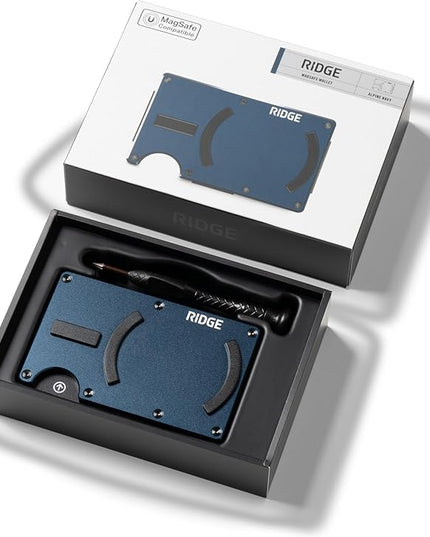 Ridge Wallets for Men Compatible with Magsafe - Slim Minimalist Compact Wallet and Card Holder, RFID Protected Front Pocket Wallets for Men with Integrated Cash Strap (Alpine Navy)