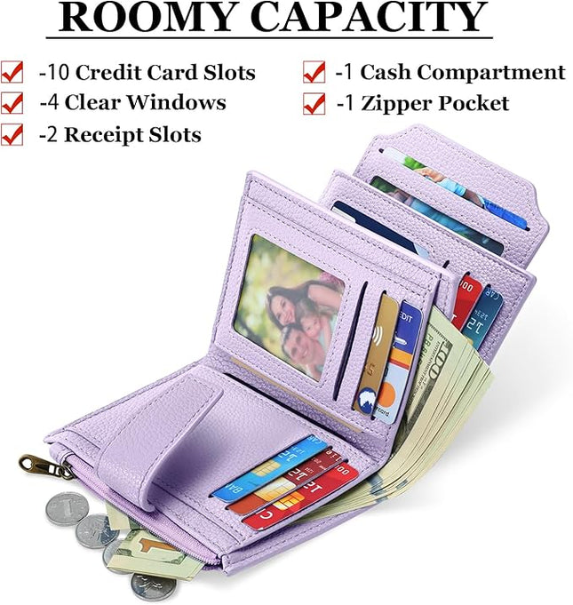Airkit Small Wallet Women RFID Blocking Soft Leather Bifold Compact Card Holder Wallet for Women with Zipper Coin Pocket 4 ID Window