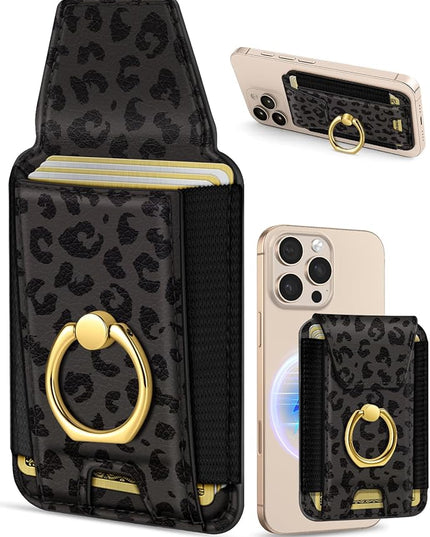 Shorogyt Compatible with Magsafe Wallet with Ring Grip Magnetic Card Holder - Cute Phone Wallets with Stand for iPhone 17/16/15/14/13/12 Series for Women Girls Black Leopard Design, Fit 7 Cards