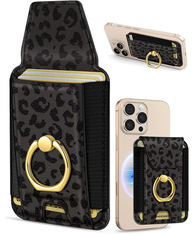 Shorogyt Compatible with Magsafe Wallet with Ring Grip Magnetic Card Holder - Cute Phone Wallets with Stand for iPhone 17/16/15/14/13/12 Series for Women Girls Black Leopard Design, Fit 7 Cards