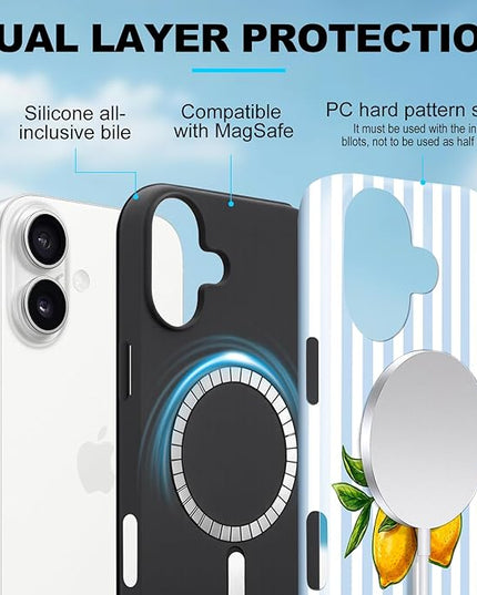 Magnetic for iPhone 17 Case Cute Lemon Stripes Phone Case, Shockproof Slim TPU and Hard PC Protective Phone Cover Compatible with MagSafe Designed for Women Girls, Blue
