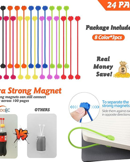 SOOOEC Magnetic Cable Ties, 24 Pack 7.2" Magnetic Cord Organizer Cute Cloud Design, Reusable Silicone Twist Ties with Strong Magnet for Bundling and Cable Management, Fridge Magnets, Assorted Colors.