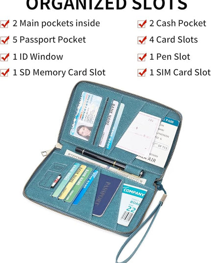 Family Passport Holder Wallet RFID Blocking Zippered Passport Wallet,Women and Men Travel Wallet Ladies Passport Cover