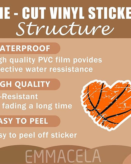 (3PCS) Basketball Stickers Basketball Heart Decals, Waterproof Vinyl Sticker for Laptop Water Bottle Tumbler, Scrapbook Helmet, Gifts for Girls Fans Players Basketball Lovers, Size 3" x 2.5 "