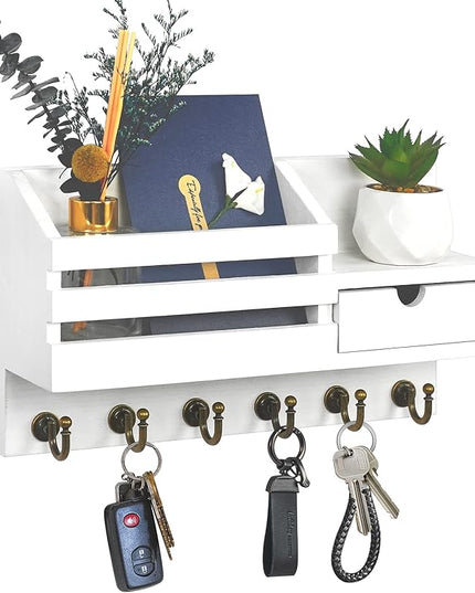 FifthQuarter Key Holder Wall Mount: Key and Mail Holder for Wall with 6 Hooks and Storage Drawer, Easy Installation Key Rack for Entryway Home Decor (A-White)
