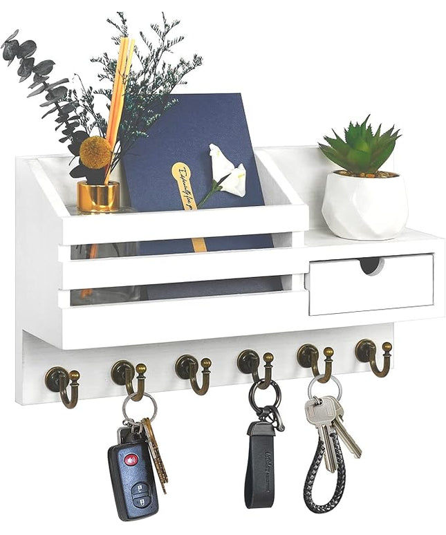 FifthQuarter Key Holder Wall Mount: Key and Mail Holder for Wall with 6 Hooks and Storage Drawer, Easy Installation Key Rack for Entryway Home Decor (A-White)