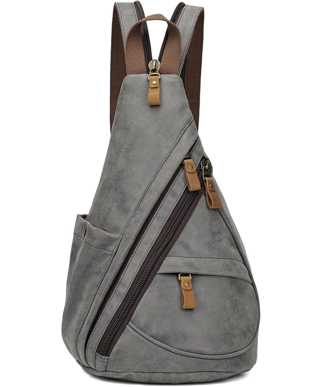KL928 PU Leather Sling Bag - Small Crossbody Backpack Shoulder Casual Daypack Rucksack for Men Women(Dark Grey)