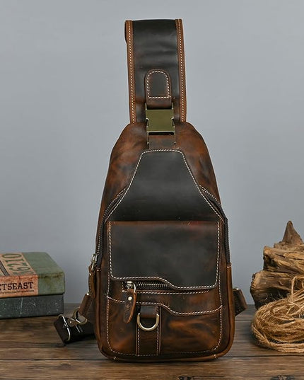 Genuine Leather Hiking Travel DayPack Sling Crossbody Triangle Chest Pack Bag For Men Women 8241