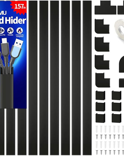 Cable Hider, 157in Delamu Cord Hider Wall for Wall Mounted TV, Wire Hider Kit, Paintable Cable Concealer Raceway Management for Home & Office, 10XL15.7 W0.95 H0.55in, Black