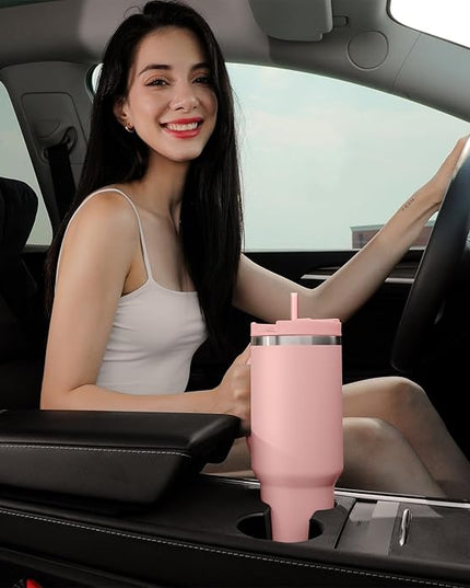 40oz Tumbler with Handle,Double Wall Vacuum Reusable Stainless Steel Insulated Water Bottle,With Leak Proof lid and Straw for Iced or Cold Beverages (light pink)