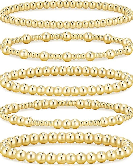 Gold Beaded Bracelets for Women, 14K Real Gold Plated Jewelry for Women Dainty Pearl Bead Bracelets Stack, Non Tarnish Trendy Stackable Ball Cross Stretch Bracelet Set Fashion Accessories Gifts