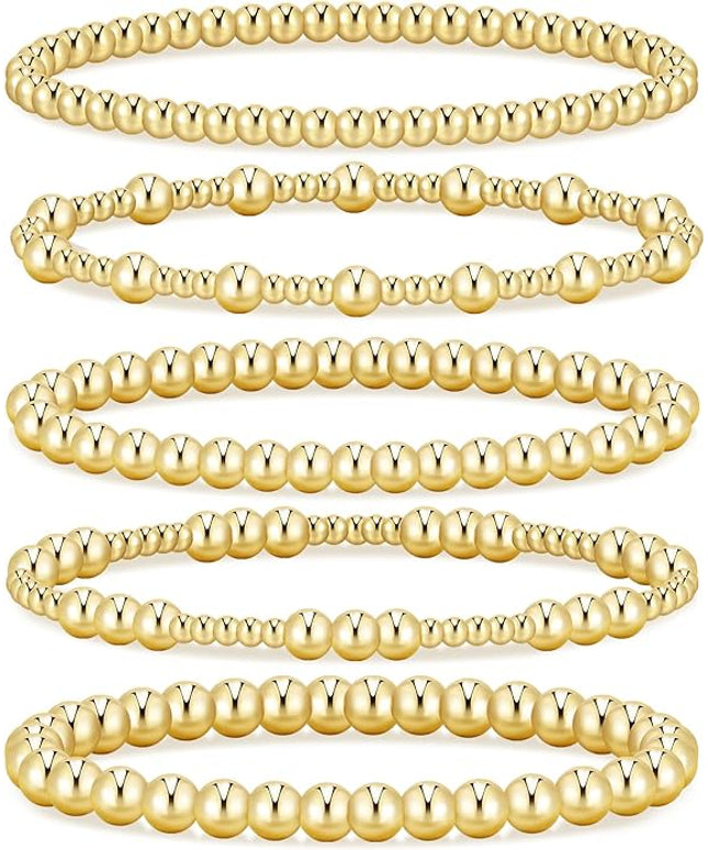 Gold Beaded Bracelets for Women, 14K Real Gold Plated Jewelry for Women Dainty Pearl Bead Bracelets Stack, Non Tarnish Trendy Stackable Ball Cross Stretch Bracelet Set Fashion Accessories Gifts
