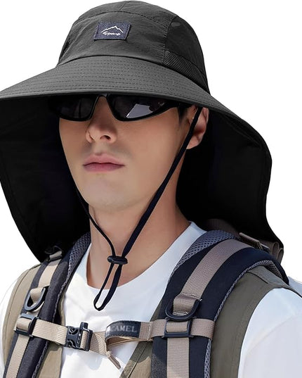 Rosoz Outdoor Sun Hat for Men Women, UPF50+ Protection Safari Cap Wide Brim Mesh Fishing Hat with Neck Flap Beach Garden