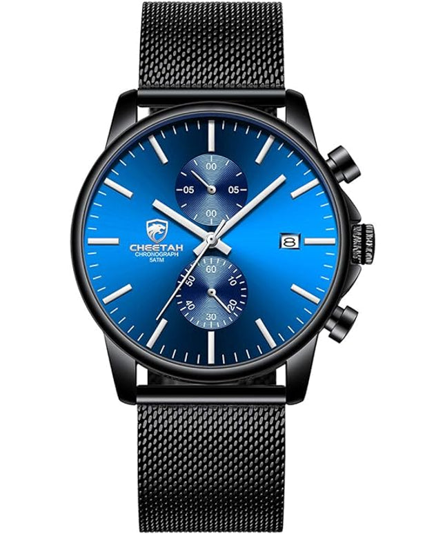 GOLDEN HOUR Mens Watch Fashion Sleek Minimalist Quartz Analog Mesh Stainless Steel Waterproof Chronograph Watches for Men with Auto Date