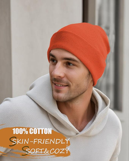 100% Cotton Beanie Hat- Unisex Ultra Soft Winter Warm Stretch Knit Cuffed Hats Fisherman Beanies Skull Cap