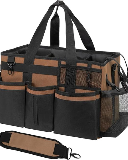 Wearable Cleaning Caddy, Cleaning Caddy Supplies Organizer with Handle & Shoulder Straps for Housekeepers, Under Sink & Car Cleaning Tool Organizers Bag with 4 Foldable Divider (Brown)