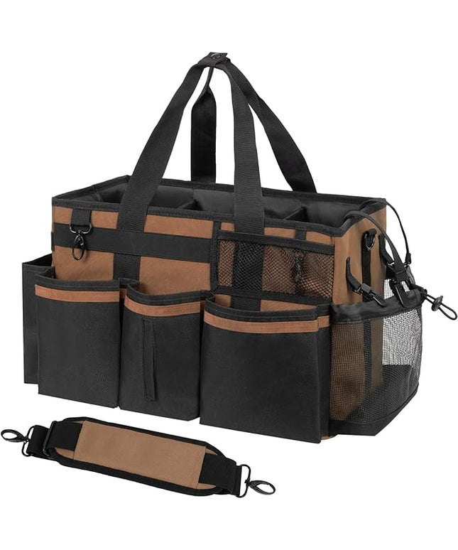 Wearable Cleaning Caddy, Cleaning Caddy Supplies Organizer with Handle & Shoulder Straps for Housekeepers, Under Sink & Car Cleaning Tool Organizers Bag with 4 Foldable Divider (Brown)