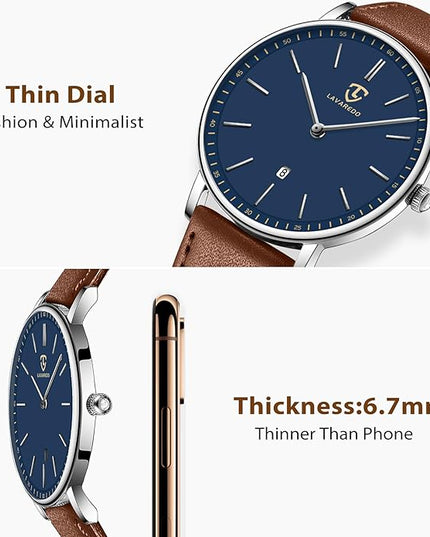 L LAVAREDO Watch for Men, Extremely Thin Mens Watches Minimalist Analog Men's Leather Wrist Watches with Time/Date, Birthday Gift for Men Boyfriend
