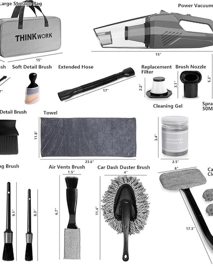 THINKWORK Car Cleaning Kit, Car Vacuum Kit, Gray Car Interior Detailing Kit with 8000PA High Power Vacuum, Including 7Pcs Detailing Brush Set and Bag