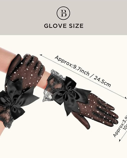 Lace Gloves for Women - Short Bow Rhinestone Tulle Sheer Sparkly Evening Stretchy Gloves for Wedding Opera Party