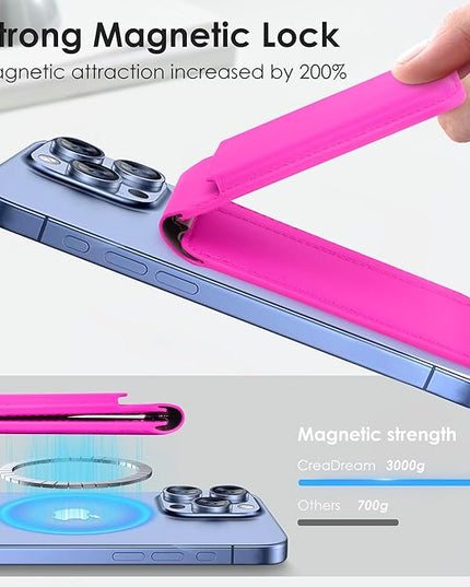 CreaDream Wallet for Magsafe, Magnetic Card Holder with RFID for iPhone 17/16/15/14/13/12 Series, Adjustable Phone Stand with 5 Card Holder, Hot Pink