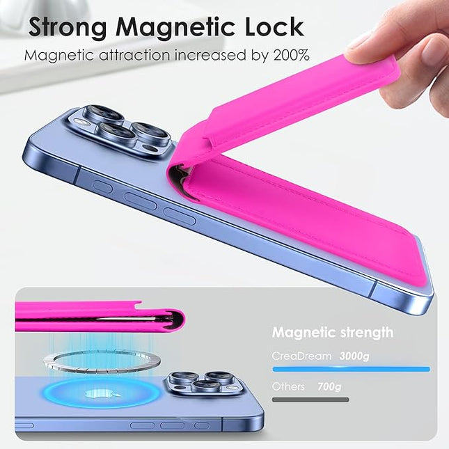 CreaDream Wallet for Magsafe, Magnetic Card Holder with RFID for iPhone 17/16/15/14/13/12 Series, Adjustable Phone Stand with 5 Card Holder, Hot Pink
