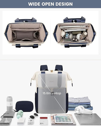 LOVEVOOK Laptop Backpack for Women, 15.6 Inch Work Laptop Bag with USB Port, Fashion Teacher Nurse Backpack Purse, Waterproof Travel Computer Backpack with Organizer Bag, 2PCS, Beige-Blue